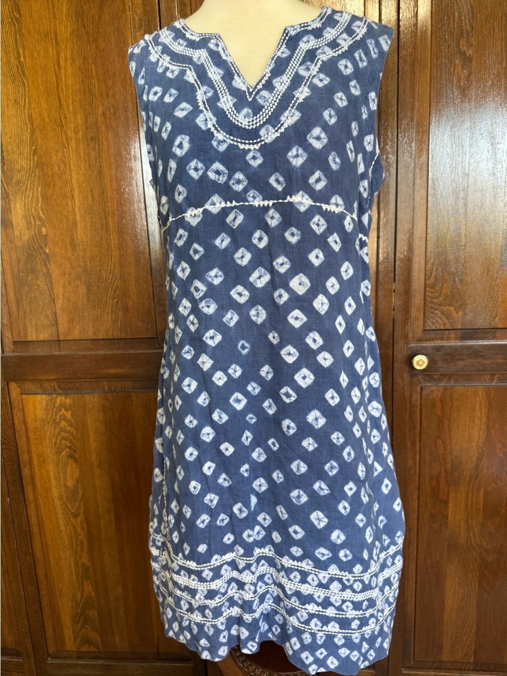 100% Linen Bohemian Euro Summer Coastal Grandma Shibori Shift Dress Size Small